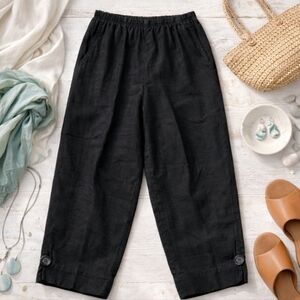 Willow 100% Linen Crop Pants L Black Elastic Waist Button Hem Made USA